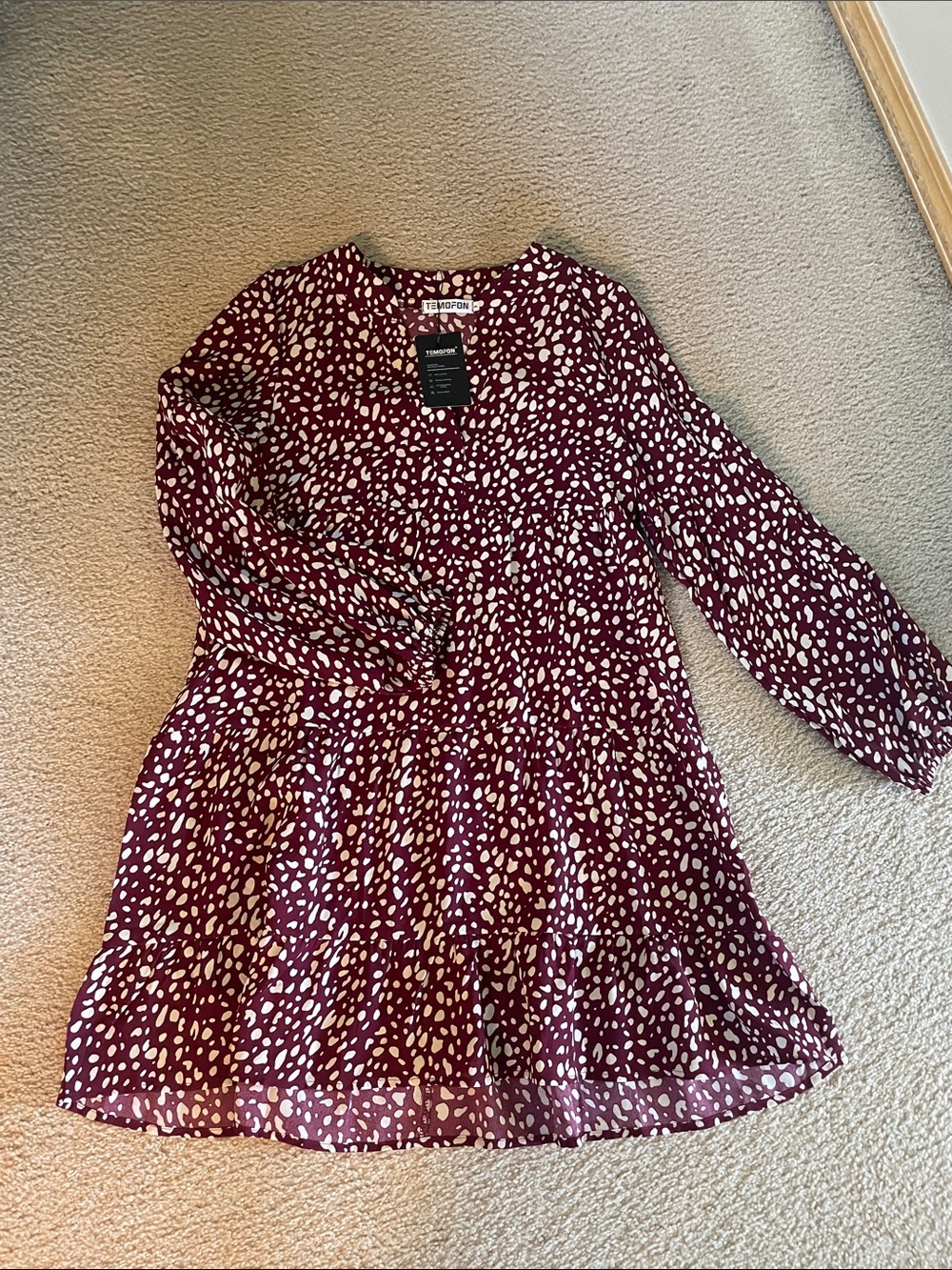 Maroon Spot-Print Kids Dress with Long Sleeves
